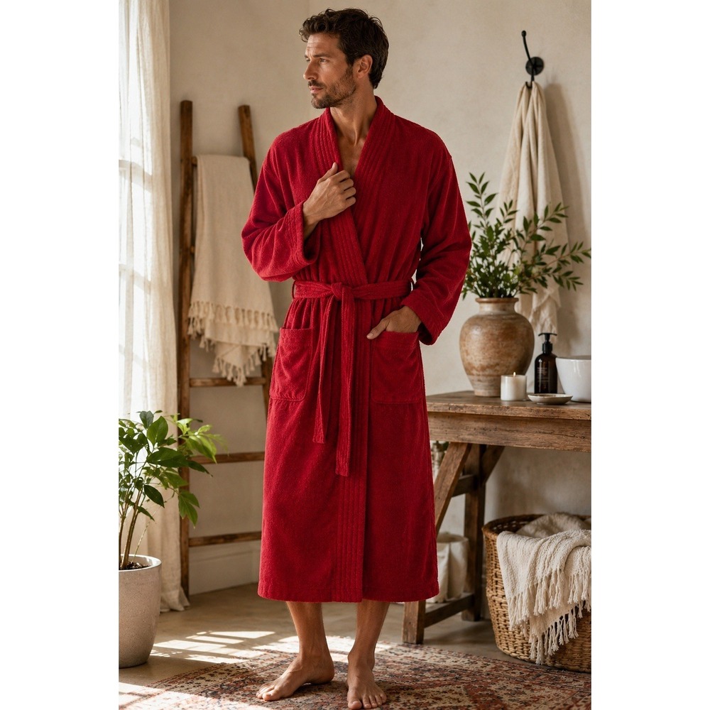T.J. Lawford Turkish Cotton Spa Robe Red Kimono Bathrobe Made In Turkey One Size